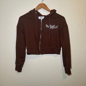 Rue21 Women Small Favorite Hoodie Chocolate Brown Butterfly Rhinestone Crop Y2K